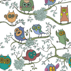 Wall Mural - Cute seamless background with owls