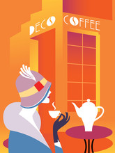 Retro Art Deco Woman Sitting At An Street Cafe. Woman Drinking Coffee. On The Table Hot Coffee Maker. Lettering Signboard Deco Coffee Vector Illustration. EPS 10