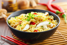 Traditional Asian Instant Noodles Meal With Shiitake Mushrooms And Vegetables