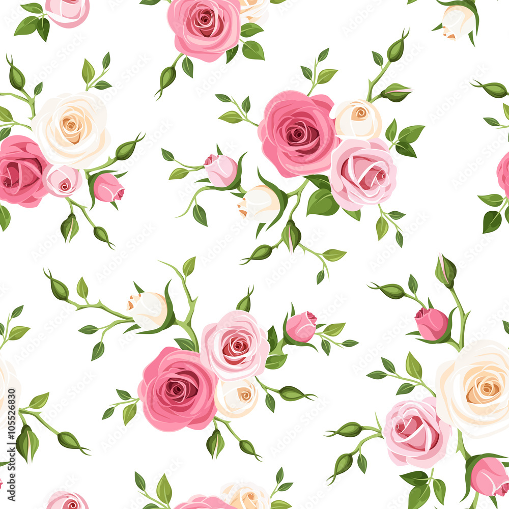 Vector seamless pattern with pink and white roses and green leaves on a ...