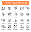 Creative process vector flat thin line modern icon collection, set of unusual colored detailed icons about design, startup, art, brainstorming, creating ideas.
