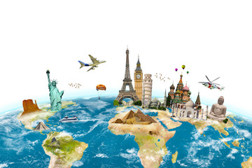 Wall Mural - Famous monuments of the world surrounding planet Earth on white