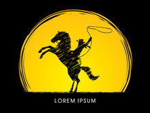 Silhouette, Cowboy On Bucking Horse With Lasso, Designed Using Grunge Brush On Grunge Moon Background Graphic Vector.