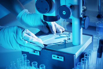 Wall Mural - scientist working with microscope closeup