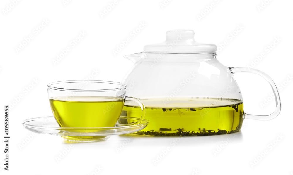 Cup of tea and tea pot isolated on white