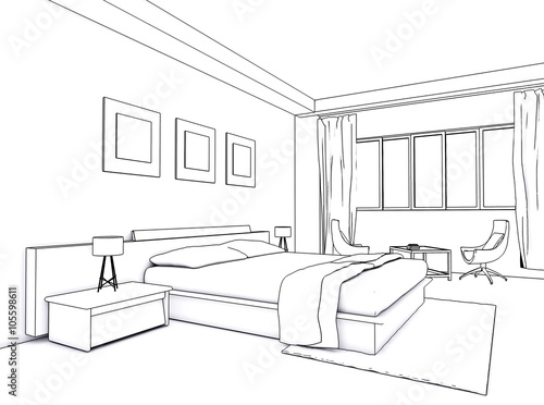 Architectural interior drawing, bedroom sketch Stock Illustration