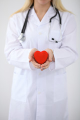 Wall Mural - Female doctor with stethoscope holding heart.  Patients couple sitting in the background