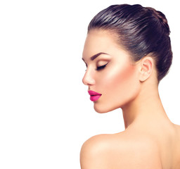 Wall Mural - beautiful brunette woman profile portrait isolated on white