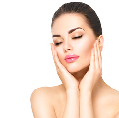 Wall Mural - beauty portrait. beautiful spa woman touching her face