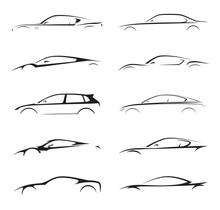 Concept Supercar, Sports Car And Sedan Motor Vehicle Silhouette Collection Set On White Background. Vector Illustration.