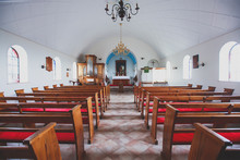 A Classic Catholic Lutheran Small Church Interior With No People Inside