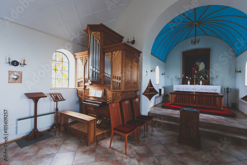 A Classic Catholic Lutheran Small Church Interior With No
