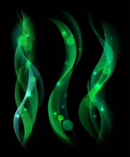 Soft Green Smoke Isolated On Black Background. Collection Of Smoke Rule Lines. Abstract Smoke And Wave Background With Bokeh. Template For Banner, Flyer. Vector Illustration