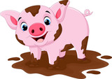 Fototapeta  - Cartoon pig play in a mud puddle