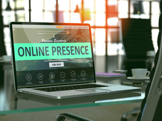 Wall Mural - modern workplace with laptop showing landing page with online presence concept. toned image with sel