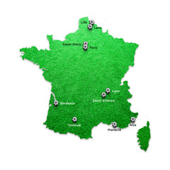 conceptual soccer france soccer field territory country map with host cities isolated on white. fran
