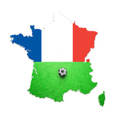 soccer grass field and france flag textured france country map with soccer ball isolated on white. f