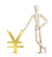 Man leaned against a large golden Yen sign. Abstract image with a wooden puppet