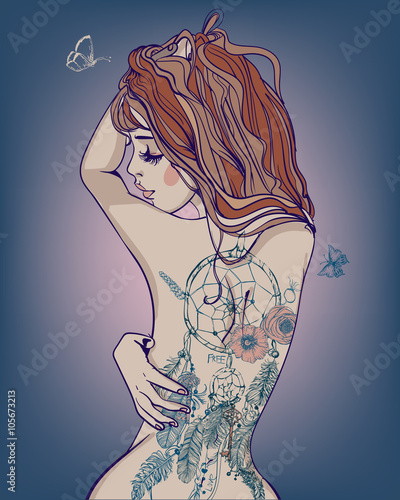 Obraz w ramie young beautiful woman with tattoo