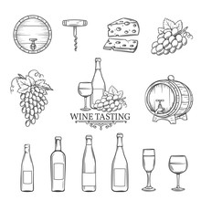 Vector Hand Draw Wine Icons Set On White