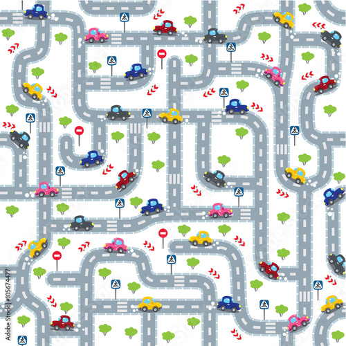 Nowoczesny obraz na płótnie Road seamless pattern with funny cars