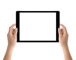 hand holding black tablet isolated on white clipping path inside