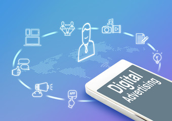Wall Mural - mobile with digital advertising and icons, digital marketing con
