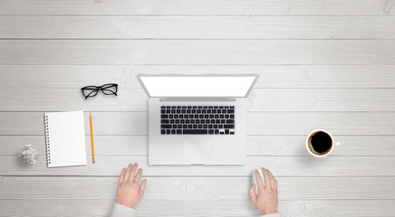 Wall Mural - interior architect work on laptop with isolated display for mock up. paper, divider, wrinkled paper,