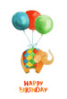 Elephant on balloons. Happy birthday. Watercolor illustration