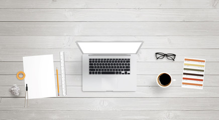 Wall Mural - interior architect work on laptop with isolated display for mock up. paper, divider, wrinkled paper,