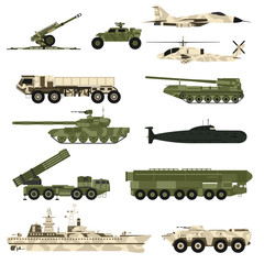 Military technic icon set and armor tanks flat vector illustration. 