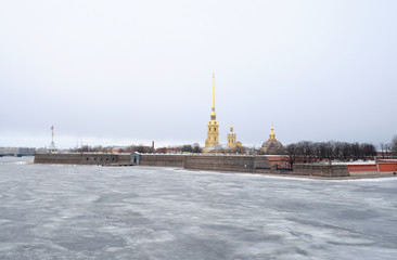 Canvas Print - Frozen River Neva and bastion of Peter and Paul Fortress.