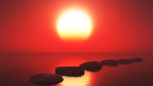3D Stepping Stones In The Ocean Against A Sunset Sky