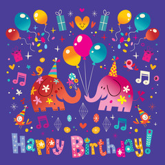 Wall Mural - Happy Birthday greeting card with cute elephants