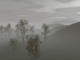 view of the valley with trees and fog in the evening time