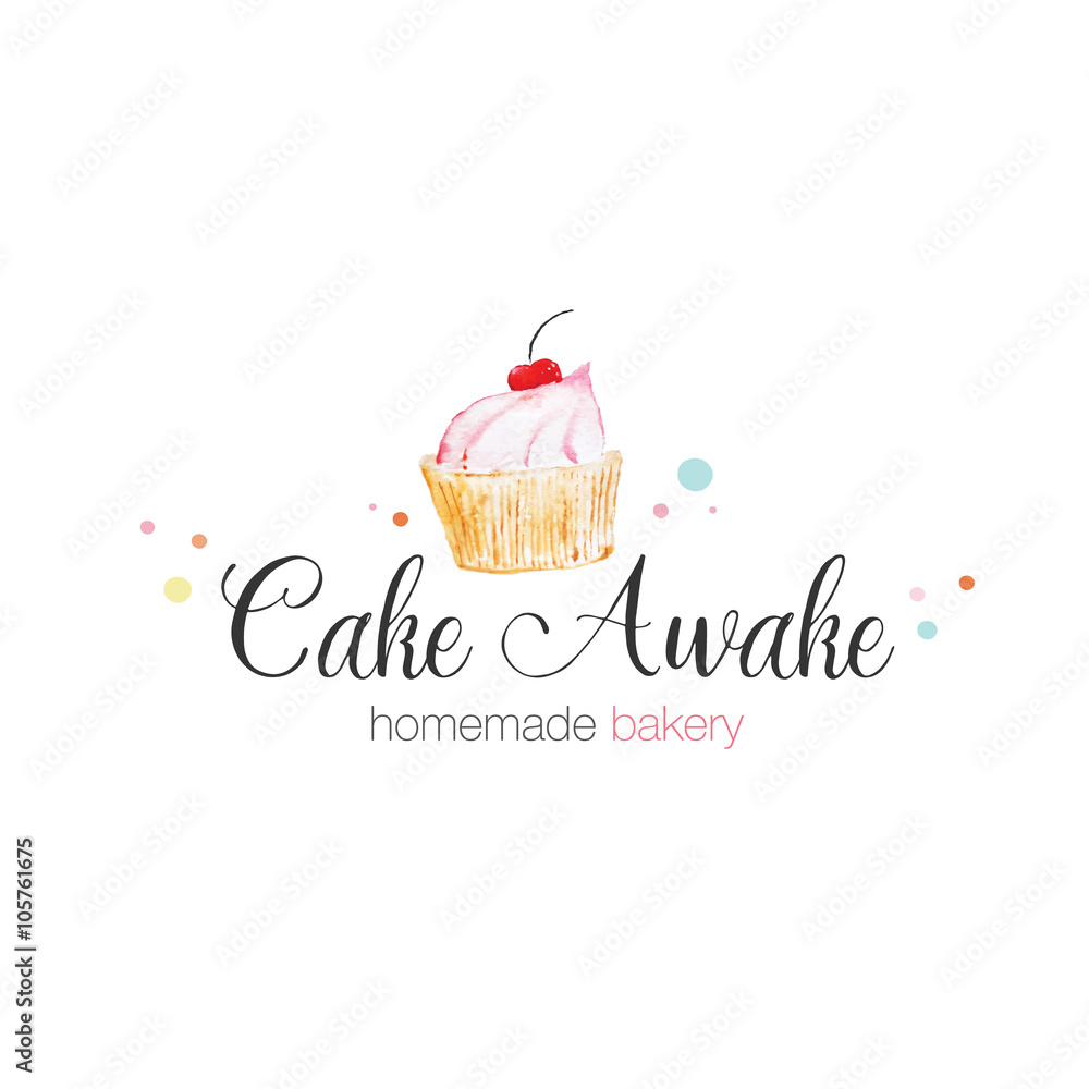 Vector logo, cake homemade bakery icon, tasty confectionery sweets. Design element, cherry on top.