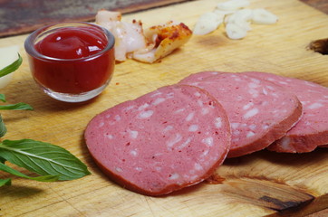 Canvas Print - breakfast closeup, sausage,cheese and tomato sauce