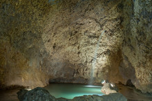 Inside The Harrison's Cave In Barbados. Rocks And Water. Extremely Long Exposure.