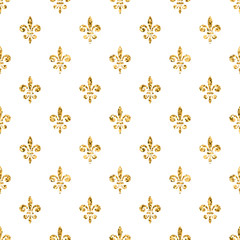 Wall Mural - golden fleur-de-lis seamless pattern. gold glitter and white template. floral texture. glowing fleur