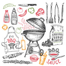 Barbecue Hand Drawn Elements Set In Sketch Style Isolated On White Background. Tools And Foods For Bbq Party