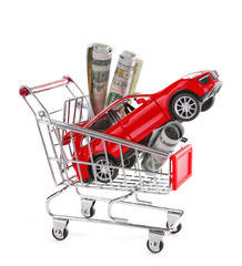 Sticker - Red car in shopping trolley with money, isolated on white