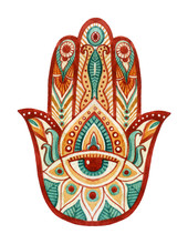 Hamsa Hand In Watercolor. Protective And Good Luck Amulet In Indian, Arabic  Jewish Cultures. Hamesh Hand In Vivid Colors.