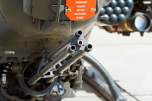 Gatling Cannon On Attack Helicopter. Shallow DOF Focus On Gunpoint. 