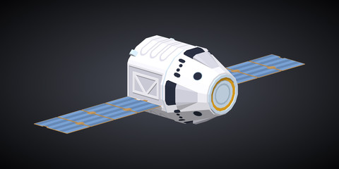 modern reusable spaceship against the black background. 3d lowpoly isometric vector illustration