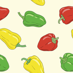 Wall Mural - Fresh vibrant ripe yellow, green and red bell pepper. Vector seamless pattern, eps10. For backgrounds, wallpapers, wrapping paper, textile.