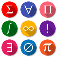 mathematical symbols. set of colorful flat math icons with long shadows. vector illustration