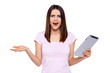 A young girl screams with a tablet in hand on a white background.