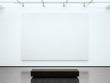 Photo blank white canvas holding contemporary gallery. Modern open space expo with concrete floor. Place for business information. Horizontal mockup. 3d Render