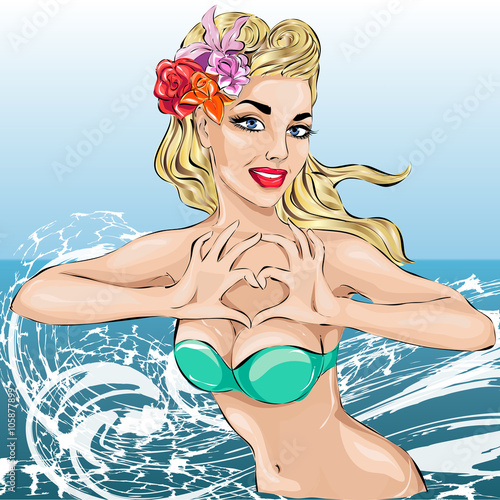 Fototapeta na wymiar Summer Pin-up sexy woman portrait with hands heart gesture