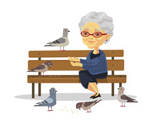 Old Woman Feeding Birds. Vector Flat Illustration